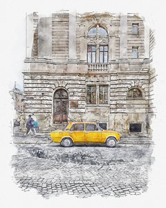 Rue des voitures jaunes classiques - Lembayung senja studio [Vintage Poster]