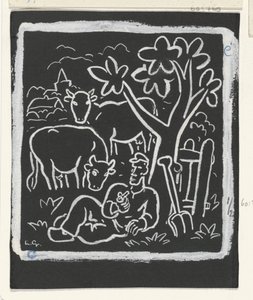 Paysans se reposant sous un arbre dans un pré avec des vaches - Leo Gestel (signed by artist)