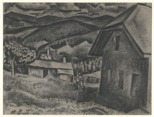 Paysage avec femme et enfant devant une maison