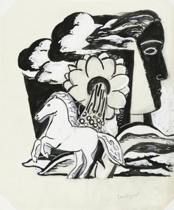 Cheval cabré, fleur et tête (esquisse)