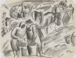 Récolteurs de pommes de terre dans le champ avec cheval et chariot - Leo Gestel