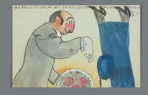 Postkarte mit einer Zeichnung des Unterkörpers von An Overtoom und Oberkörpers von Leo Gestel mit Blumenstrauß - Leo Gestel