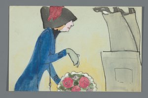 Postkarte mit einer Zeichnung des Unterkörpers von Leo Gestel und Oberkörpers von An Overtoom mit Blumenstrauß - Leo Gestel