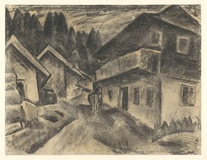 Vue de village avec un homme et une vache sur le chemin du village