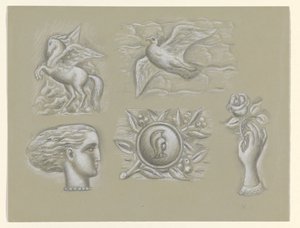 Pégase, colombe, tête de femme, arme et main avec rose - Leo Gestel