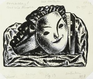 Deux masques devant un bâtiment et des rochers (esquisse) - Leo Gestel