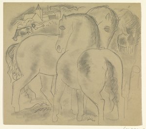 Deux chevaux dans un paysage avec des vaches