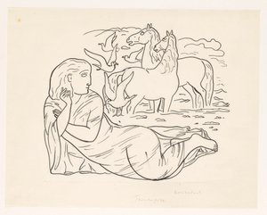 Femme allongée sur la plage avec deux chevaux et quelques mouettes