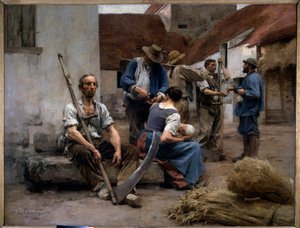 La paie des moissonneurs dans une cour de ferme