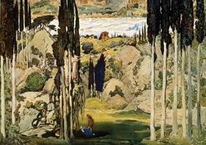 Decor pour le ballet Daphnis et Chloe de Maurice Ravel (1875-1937) (Stage design for the ballet Daphnis and Chloe by M.Ravel). Peinture de Leon Bakst (1866-1924). Aquarelle et gouache sur papier, 74 x 103,5 cm