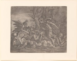 Jeune homme avec peau de lion sur la tête, peut-être Cadmus, combattant un dragon