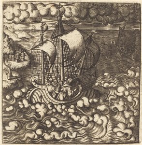 Le Christ priant tandis que ses disciples sont dans un bateau sur une mer agitée