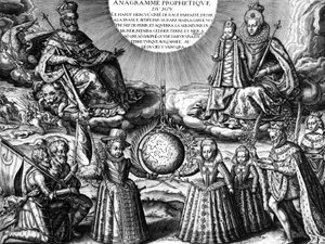 Famille royale française en 1607 (propagande) : le roi Henri IV de France et sa femme la reine Marie de Médicis tenant leur fille Christine ; en bas : leurs autres enfants : le futur Louis XIII, Élisabeth et Henriette-Marie. À droite : le roi suivi de son 