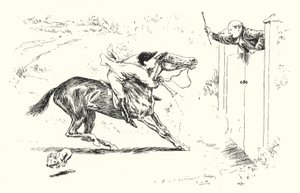 Un homme est allé chasser à Reigate, et a voulu sauter par-dessus une haute porte (gravure) - Leonard Leslie Brooke