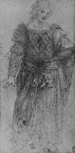 Une femme avec un corsage tressé et un manteau sur le bras gauche, vers 1480