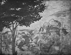Adoration des mages - Bataille de cavaliers au loin à droite - Leonardo da Vinci
