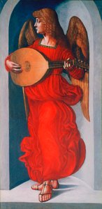 Un ange en rouge avec un luth, 1490-1499
