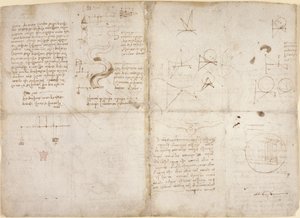 Arundel 263, f.135v, f.134, Notes et diagrammes sur la mécanique; notes et croquis schématiques sur les cours d
