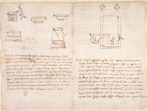 Arundel 263, f.259v, f.260 Notes et croquis grossiers sur le processus de production du salpêtre pour préparer la poudre à canon (pas de la main de Léonard)