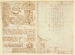Arundel 263 f.270v, f.263, Dessins de Léonard de Vinci sur les pouvoirs et forces mécaniques, percussion, gravité, mouvement, optique et astronomie, avec diverses propositions arithmétiques et géométriques