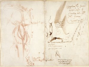 Arundel 263, f.275v, f.274 Croquis planimétrique de la rivière Arno; notes sur les distances et les directions