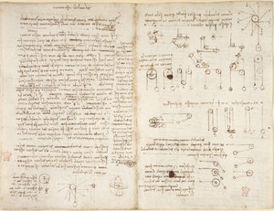 Arundel 263, f.43v, f.42, Notes et diagrammes sur la mécanique, intitulés 