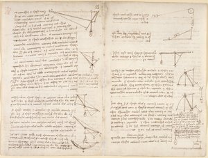 Arundel 263, f.7v, f.8 Notes et diagrammes sur la mécanique - Leonardo da Vinci