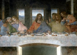Détail de La Cène représentant Judas, Pierre et Jean, Christ au centre