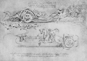 Dessins de deux types de char armé de faux, vers 1480 1945