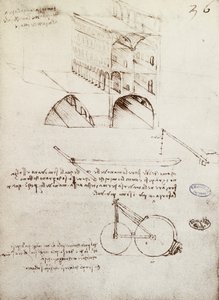 Manuscrit B, f 36 r Études architecturales, développement et sections de bâtiments dans une ville avec des rues surélevées