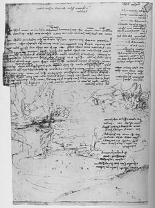 Page de texte avec croquis de paysage, vers 1480 1945