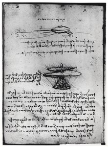 Manuscrit de Paris B, fol. 83v : Page de texte et croquis pour une machine volante, 1488-90
