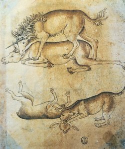Licorne attaquant une vache et léopard attaquant un mouton, étude d