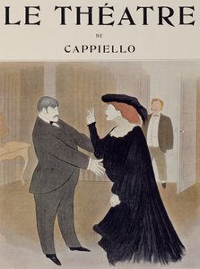 Acteurs Lucien Quitry et Jane Harding dans une scène de La Chatelaine, jouée au Théâtre de la Renaissance à Paris, dessin de Leonetto Cappiello, page de titre du journal Théâtre, avril 1903