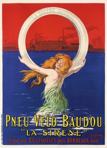 Affiche publicitaire pour les pneus de vélo "La Sirène" fabriqués par Pneu Vélo Baudou, c.1920