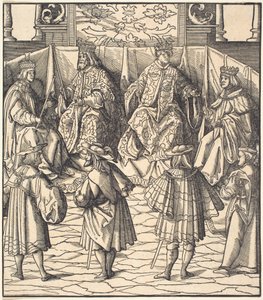 Assemblée de Quatre Rois, au premier plan Quatre Hommes - Leonhard Beck