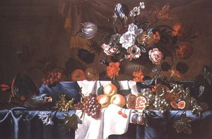 Nature morte de fruits avec un perroquet
