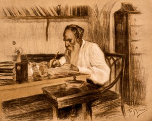 Le comte Lev Tolstoï dans son bureau. 1908 (lithographie)