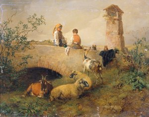 Garçon et fille avec moutons et chèvres - Leopold Brunner d. J.