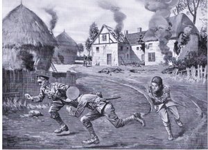 Le sergent Cooper et deux camarades se précipitent sous le feu ennemi après avoir incendié une ferme et plusieurs meules (DCM) (lithographie)