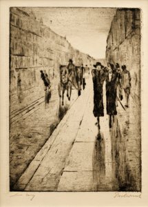 Promeneurs sous la pluie devant une calèche - Lesser Ury