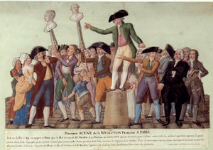Première scène de la Révolution française à Paris : le 12/07/1789, après le renvoi de Jacques Necker par le roi, Camille Desmoulins harangue la foule au Palais-Royal et appelle à la révolte contre le gouvernement. Les bustes de Jacques Necker et Louis Phil - Lesueur Brothers