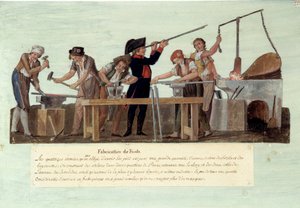 Révolution française de 1789 : fabrication de fusils Les différentes étapes de la fabrication des armes par les forgerons. Gouache des frères Lesueur
