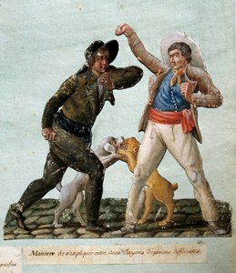 Révolution française : deux citoyens se battant. Gouache des frères Lesueur (XVIIIe siècle)