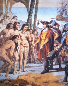 Christophe Colomb débarque dans le Nouveau Monde en 1492 et est accueilli par les Indiens Taïnos (lithographie en couleur) - Unbekannt Unbekannt