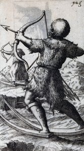 Chasseur avec arc et flèches sur des skis courts, illustration de De Calceo Antiquo, par B Balduinus