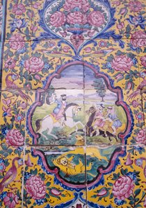 Chasse au lion, décoration en carreaux polychromes sur la façade de la maison Qavam également connue sous le nom de Narenjestan e Ghavam - Unbekannt Unbekannt