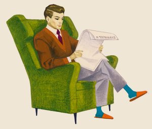 Homme lisant le journal assis dans un fauteuil, dessin