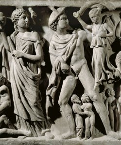 Sarcophage en marbre, Relief représentant le mythe de Prométhée, Détail, Hermès et l
