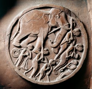 Médaillon avec singes et éléphants, relief du Stupa de Bharhut, monument bouddhiste, Madhya Pradesh, Inde, civilisation indienne, IIe siècle av. J.-C.